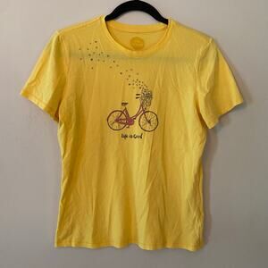 Life Is Good Women's size Small Yellow Bicycle Tee T-Shirt Gorpcore Outdoor Hike
